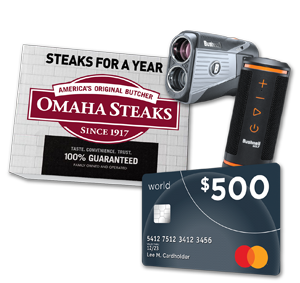 Image showing ancillary hole in one prizes including free Omaha steaks, Bushnell Equipment package and a $500 Mastercard.